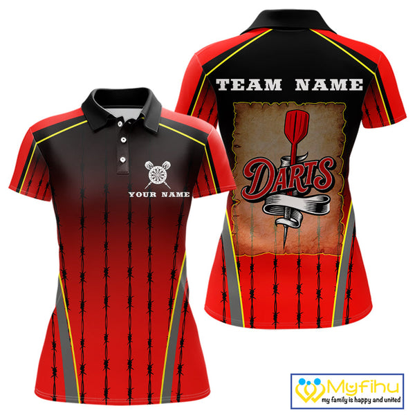 Custom Black And Red Barbed Wire Dart Polo Shirt For Women, Dart Team Shirt NYN0498