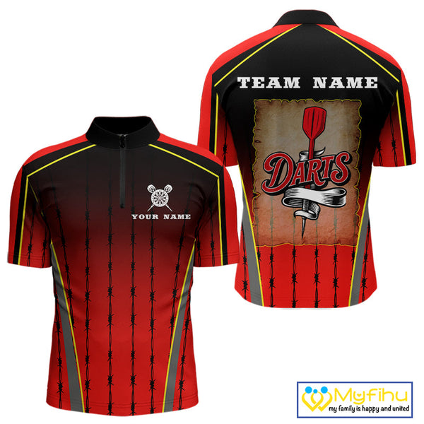Custom Black And Red Barbed Wire Dart Quarter-Zip Shirt For Men, Dart Team Shirt NYN0498