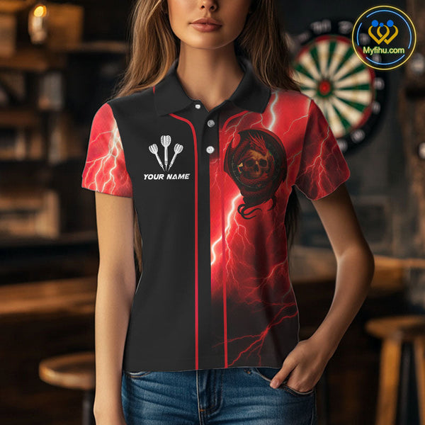 Custom Red Thunder Lightning Dragon Skull Dart Polo Shirt For Women, Dart League Shirt NYN0503