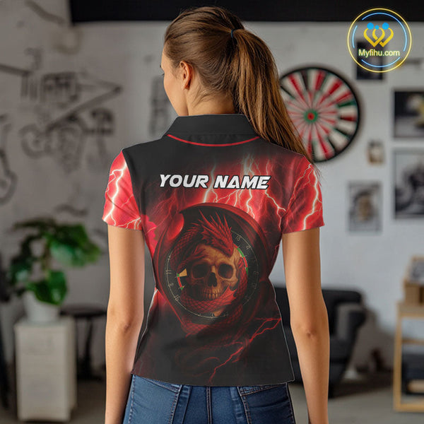 Custom Red Thunder Lightning Dragon Skull Dart Polo Shirt For Women, Dart League Shirt NYN0503