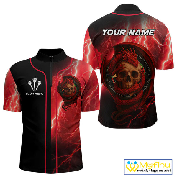 Custom Red Thunder Lightning Dragon Skull Dart Quarter-Zip Shirt For Men, Dart League Shirt NYN0503