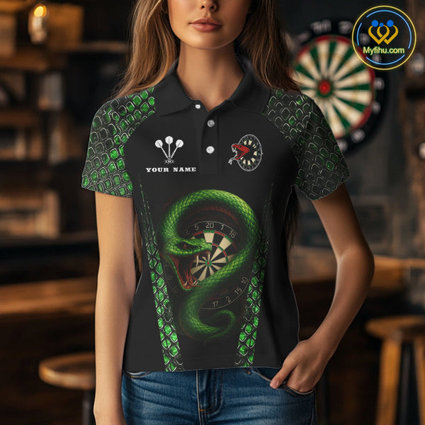 Custom Black And Green Snake Dart Team Polo Shirt For Women, Dart Jerseys NYN0508