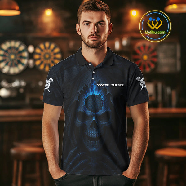 Custom Black And Blue Flame Grim Reaper Dart Polo Shirt For Men, Halloween Dart Outfit NYN0514