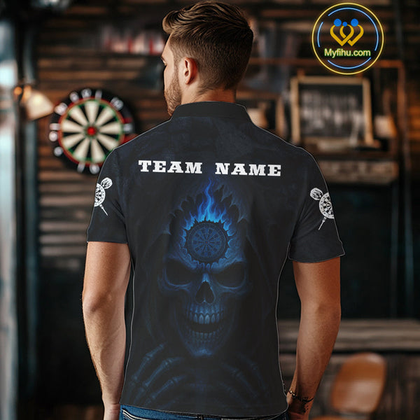 Custom Black And Blue Flame Grim Reaper Dart Polo Shirt For Men, Halloween Dart Outfit NYN0514