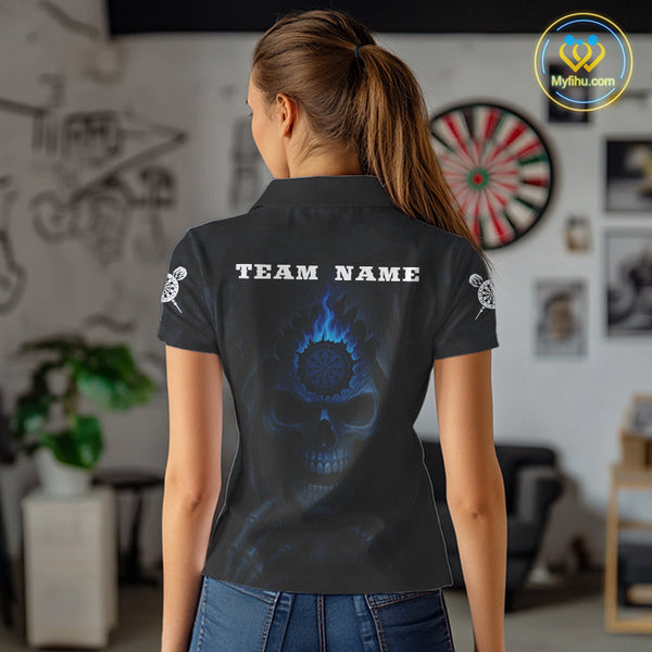 Custom Black And Blue Flame Grim Reaper Dart Polo Shirt For Women, Halloween Dart Outfit NYN0514