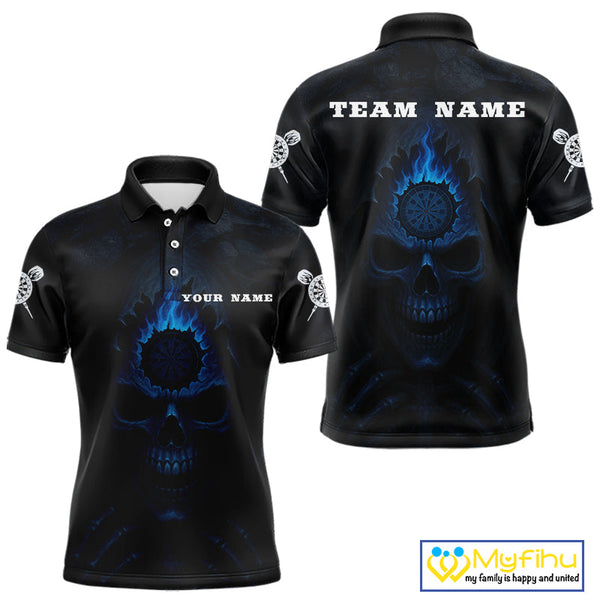 Custom Black And Blue Flame Grim Reaper Dart Polo Shirt For Men, Halloween Dart Outfit NYN0514