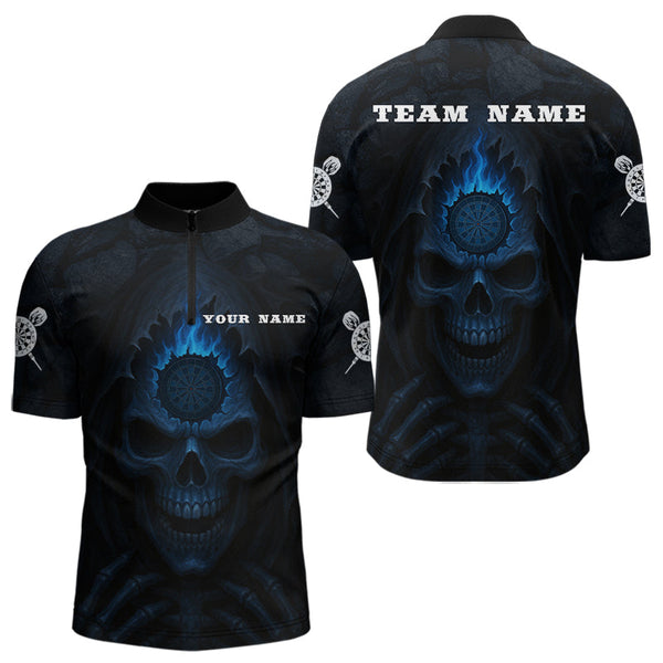 Custom Black And Blue Flame Grim Reaper Dart Quarter-Zip Shirt For Men, Halloween Dart Outfit NYN0514