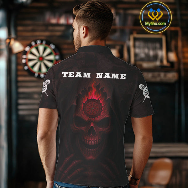 Custom Black And Red Flame Grim Reaper Dart Polo Shirt For Men, Halloween Dart Outfit NYN0515