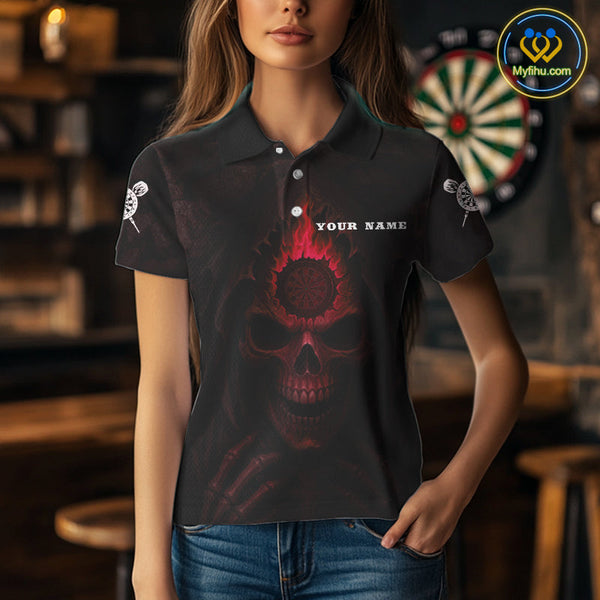 Custom Black And Red Flame Grim Reaper Dart Polo Shirt For Women, Halloween Dart Outfit NYN0515
