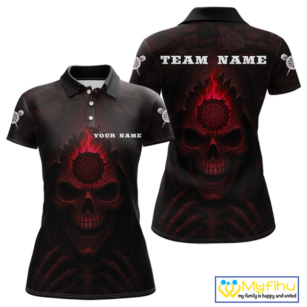 Custom Black And Red Flame Grim Reaper Dart Polo Shirt For Women, Halloween Dart Outfit NYN0515