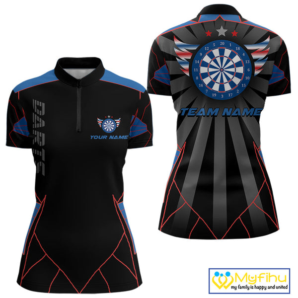 Custom Black,Red And Blue Patriotic Dart Quarter-Zip Shirts For Women, Tournament Shirt NYN0726