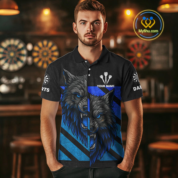 Custom Grunge Black And Blue Wolf Dart Polo Shirt For Men, Dart Jerseys NYN0517