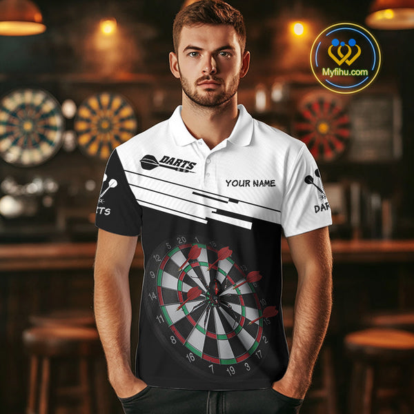 Custom Black And White Dart Team Polo Shirt For Men, Dart Jerseys NYN0525