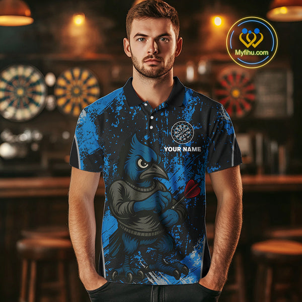 Custom Black And Blue Funny Bird Dart Team Polo Shirt For Men, Dart Jerseys NYN0530