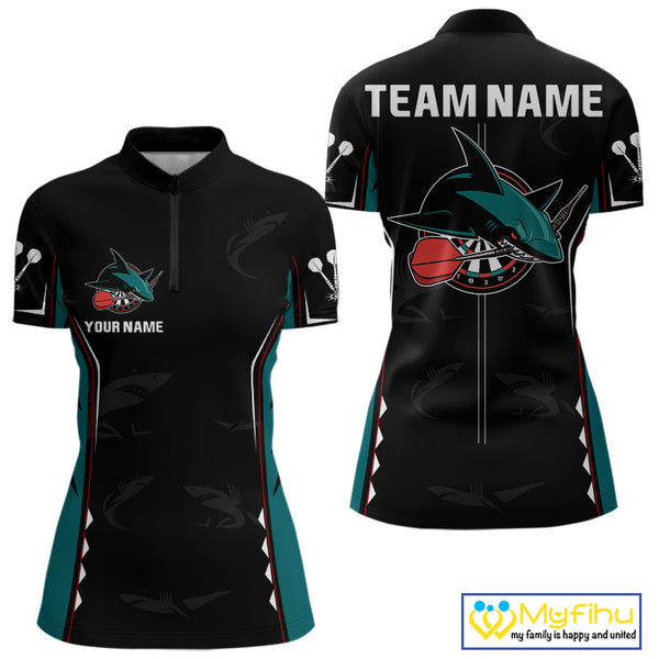 Custom Green Blue Shark Dart Team Quarter-Zip Shirt For Women, Dart Tournament Shirt NYN0538
