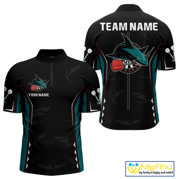 Custom Green Blue Shark Dart Team Quarter-Zip Shirt For Men, Dart Tournament Shirt NYN0538
