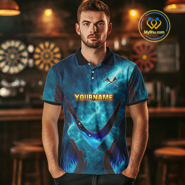 Custom Blue Fire Flame Strong Dart Team Polo Shirt For Men, Dart Jerseys NYN0542
