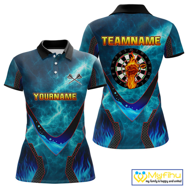 Custom Blue Fire Flame Strong Dart Team Polo Shirt For Women, Dart Jerseys NYN0542