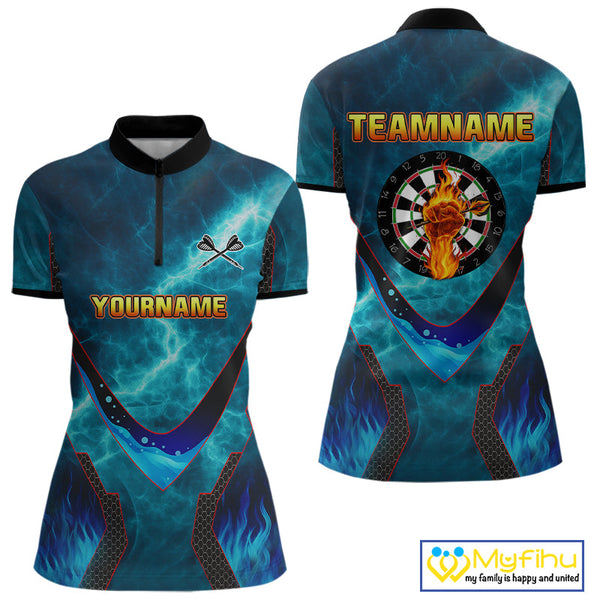 Custom Blue Fire Flame Strong Dart Team Quarter-Zip Shirt For Women, Dart Jerseys NYN0542