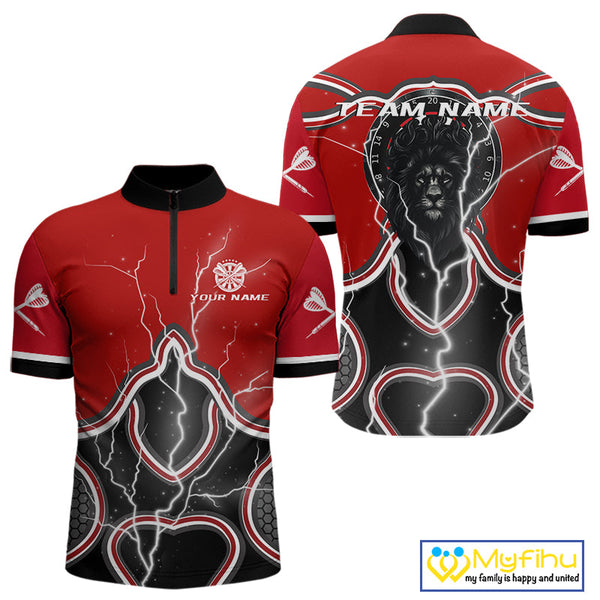 Custom Red Thunder Lightning Lion Skull Dart Quarter-Zip Shirt For Men, Dart League Shirt NYN0544