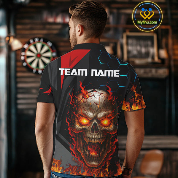Custom Red Fire Flame Skull Dart Polo Shirts For Men, Halloween Dart Jersey NYN0556