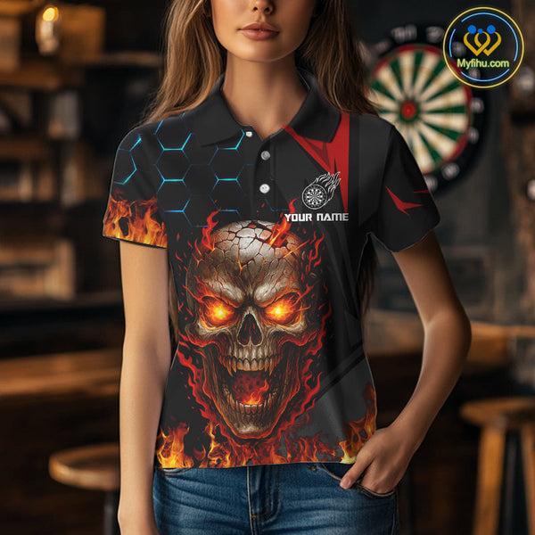 Custom Red Fire Flame Skull Dart Polo Shirts For Women, Halloween Dart Jersey NYN0556