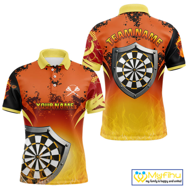 Custom Black And Orange Fire Flame Dart Team Polo Shirt For Men, Dart League Shirt NYN0564