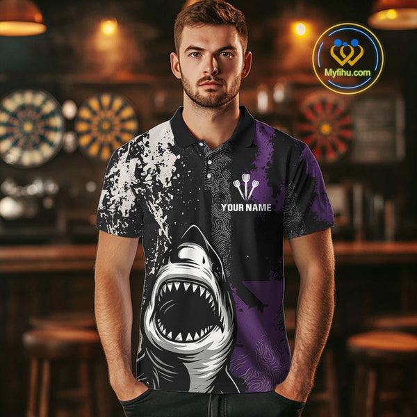 Custom Black And Purple Shark Dart Team Polo Shirt For Men, Dart Jerseys NYN0566