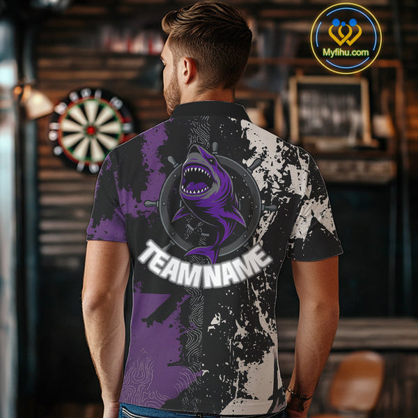 Custom Black And Purple Shark Dart Team Polo Shirt For Men, Dart Jerseys NYN0566