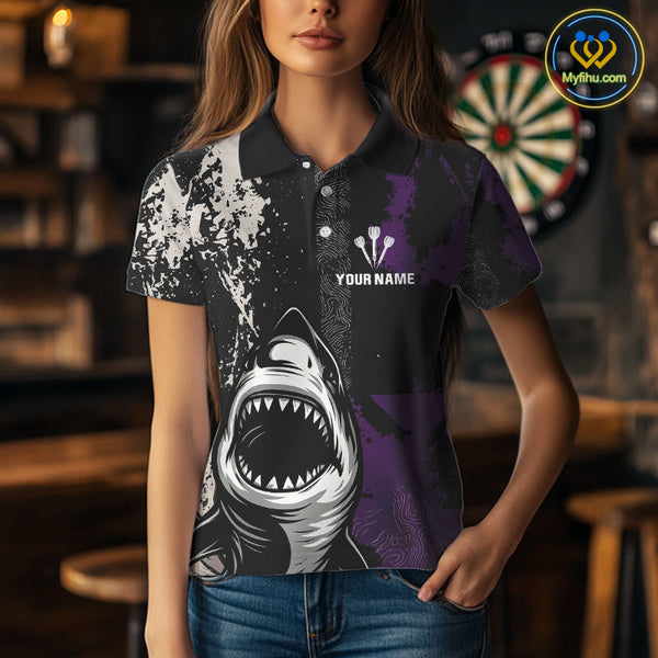 Custom Black And Purple Shark Dart Team Polo Shirt For Women, Dart Jerseys NYN0566