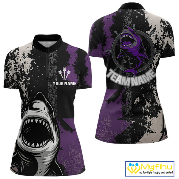 Custom Black And Purple Shark Dart Team Quarter-Zip Shirt For Women, Dart Jerseys NYN0566