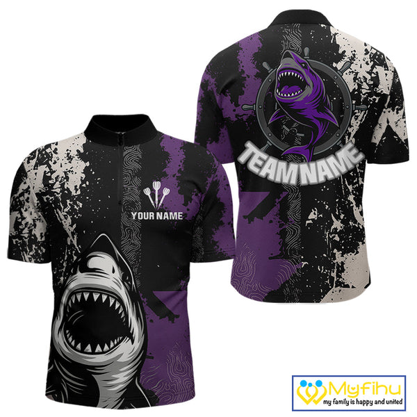 Custom Black And Purple Shark Dart Team Quarter-Zip Shirt For Men, Dart Jerseys NYN0566