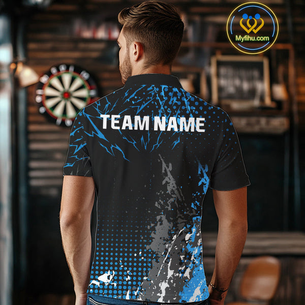 Custom Black And Blue Thunder Lightning Skull Dart Polo Shirt For Men, Dart Jersey NYN0567