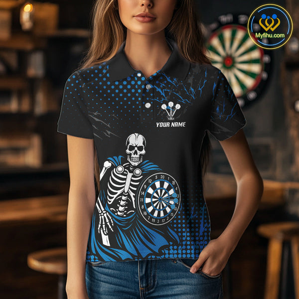Custom Black And Blue Thunder Lightning Skull Dart Polo Shirt For Women, Dart Jersey NYN0567