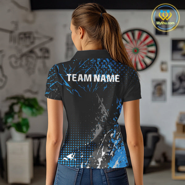 Custom Black And Blue Thunder Lightning Skull Dart Polo Shirt For Women, Dart Jersey NYN0567