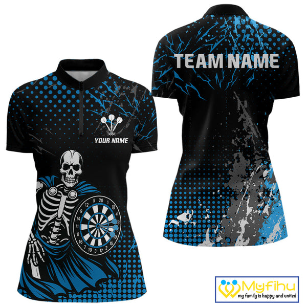Custom Black And Blue Thunder Lightning Skull Dart Women Quarter-Zip Shirt, Dart Jersey NYN0567