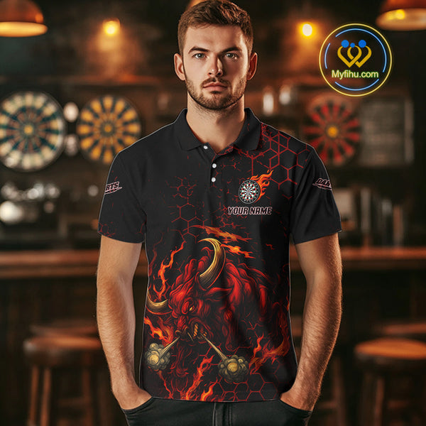 Custom Black And Red Fire Flame Bull Dart Team Polo Shirt For Men, Dart League Shirt NYN0571