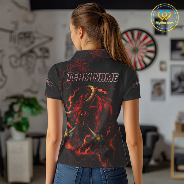 Custom Black And Red Fire Flame Bull Dart Team Polo Shirt For Women, Dart League Shirt NYN0571