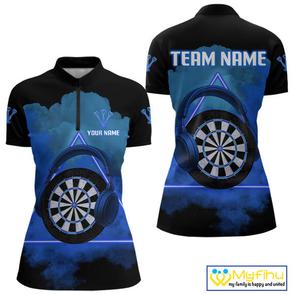 Custom Funny Blue Music Dart Quarter-Zip Shirt For Women, Dart Team Shirt NYN0580