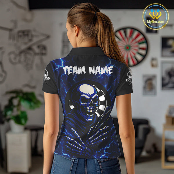Custom Blue Thunder Lightning Skull Dart Team Women Polo Shirt, Halloween Dart Outfit NYN0591