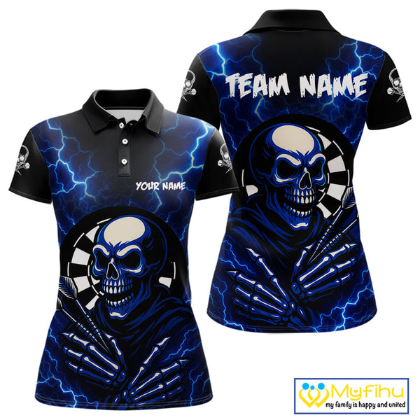 Custom Blue Thunder Lightning Skull Dart Team Women Polo Shirt, Halloween Dart Outfit NYN0591