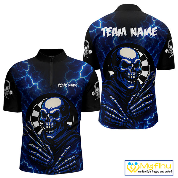 Custom Blue Thunder Lightning Skull Dart Team Men Quarter-Zip Shirt, Halloween Dart Outfit NYN0591