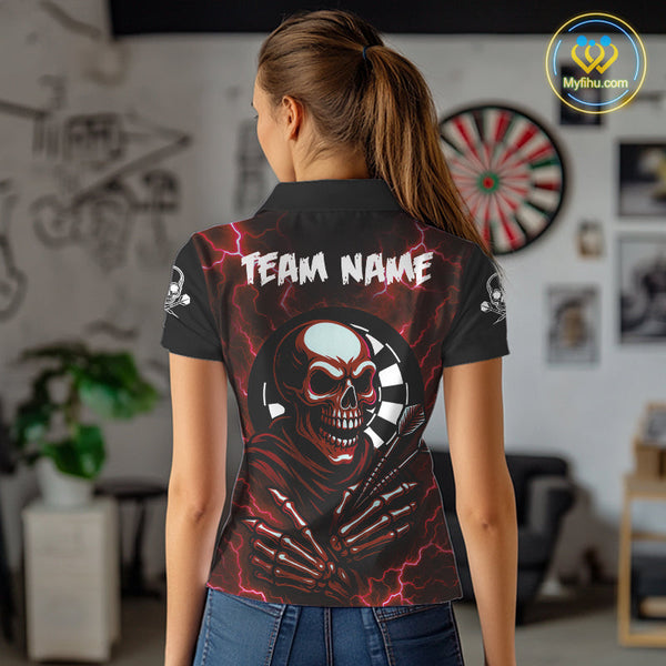 Custom Red Thunder Lightning Skull Dart Team Women Polo Shirt, Halloween Dart Outfit NYN0592