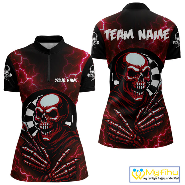 Custom Red Thunder Lightning Skull Dart Women Quarter-Zip Shirt, Halloween Dart Outfit NYN0592