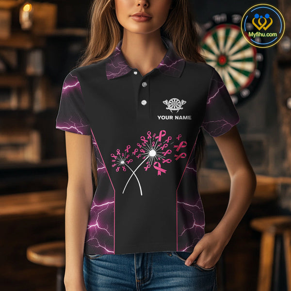 Custom Thunder Lightning Pink Breast Cancer Ribbon Dart Team Women Polo Shirt NYN0601