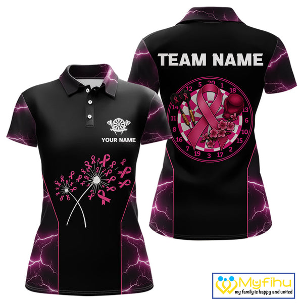 Custom Thunder Lightning Pink Breast Cancer Ribbon Dart Team Women Polo Shirt NYN0601