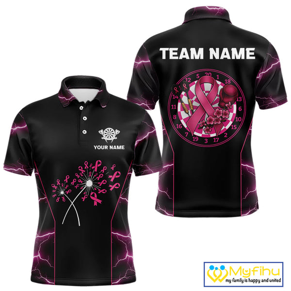 Custom Thunder Lightning Pink Breast Cancer Ribbon Dart Team Men Polo Shirt NYN0601