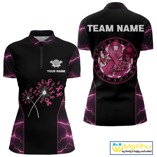 Custom Thunder Lightning Pink Breast Cancer Ribbon Dart Team Women Quarter-Zip Shirt NYN0601
