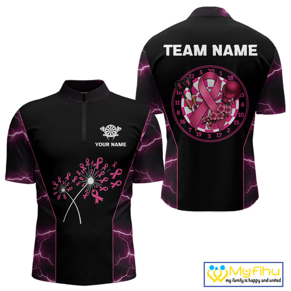 Custom Thunder Lightning Pink Breast Cancer Ribbon Dart Team Men Quarter-Zip Shirt NYN0601