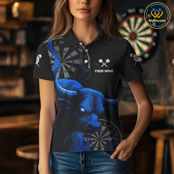 Custom Black And Blue Bull Dart Polo Shirt For Women, Bull Dart Jerseys NYN0610